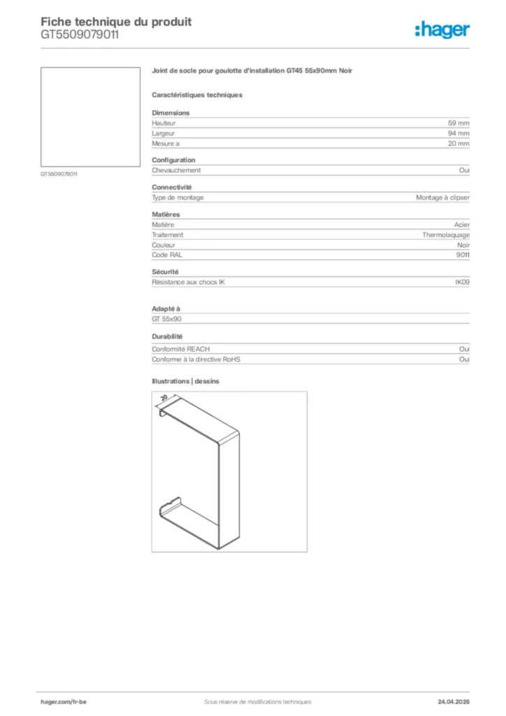 Image Hager Fiche technique du produit GT5509079011 | Hager Belgique