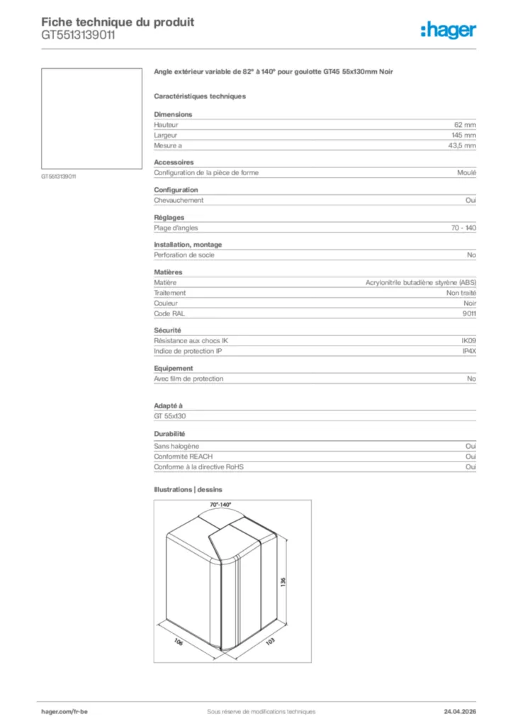Image Hager Fiche technique du produit GT5513139011 | Hager Belgique