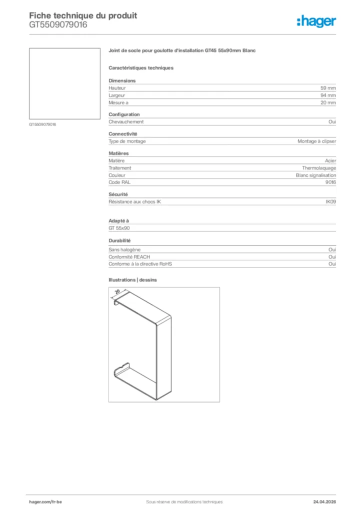 Image Hager Fiche technique du produit GT5509079016 | Hager Belgique