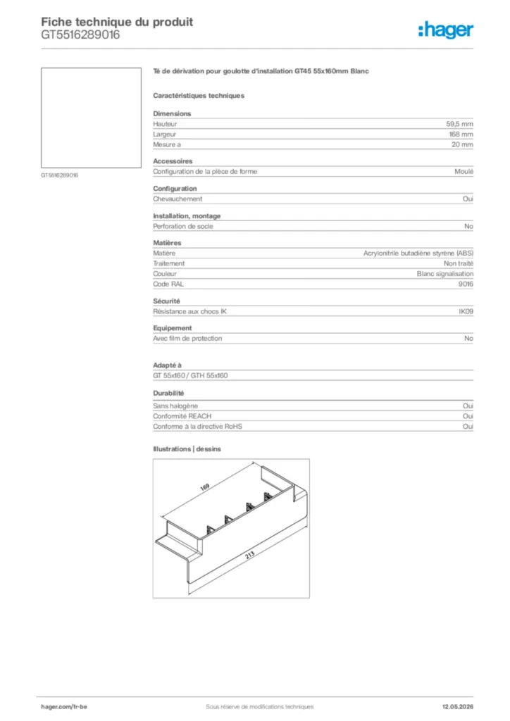 Image Hager Fiche technique du produit GT5516289016 | Hager Belgique