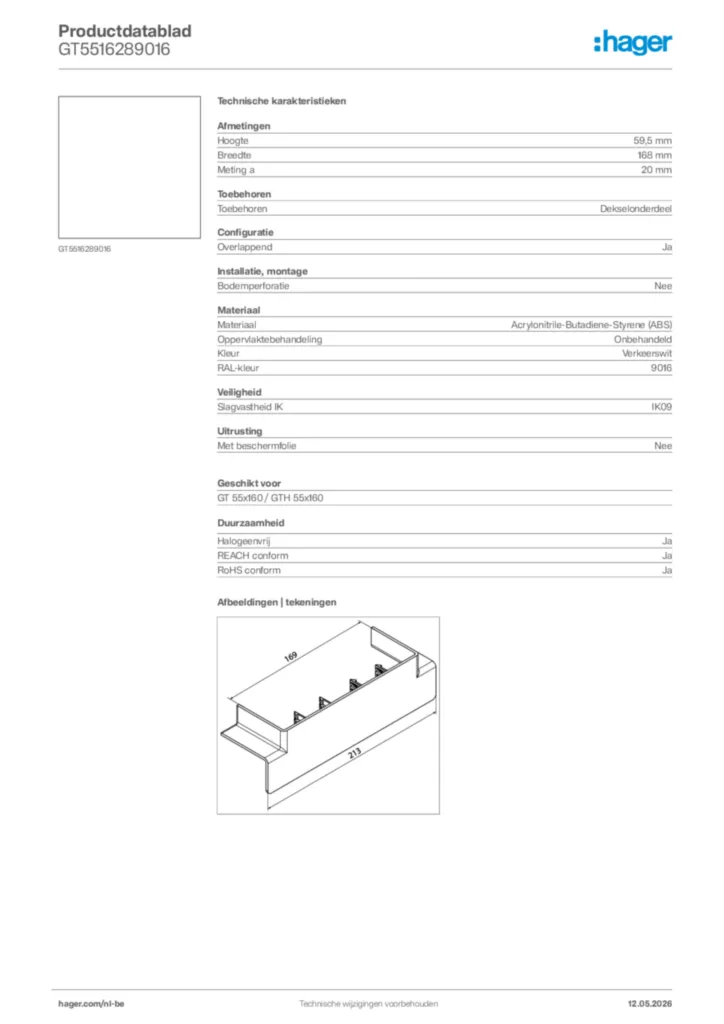 Afbeelding Hager Productdatablad GT5516289016 | Hager Belgium