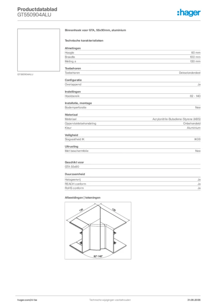 Afbeelding Hager Productdatablad GT550904ALU | Hager Belgium