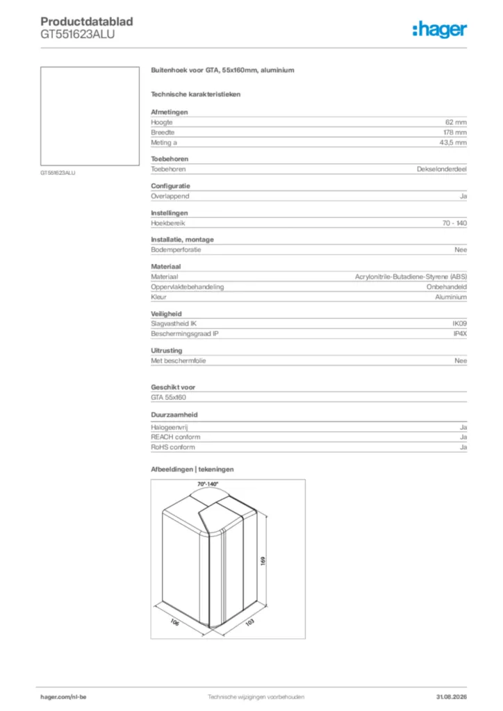 Afbeelding Hager Productdatablad GT551623ALU | Hager Belgium