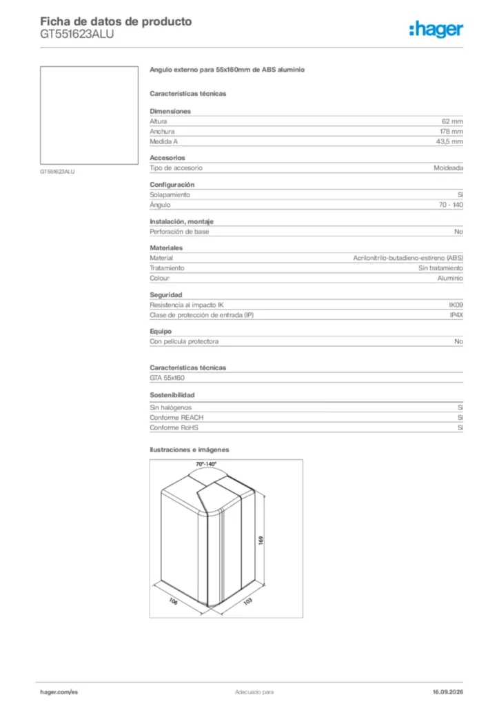 Imagen Hager Ficha de datos de producto GT551623ALU | Hager España