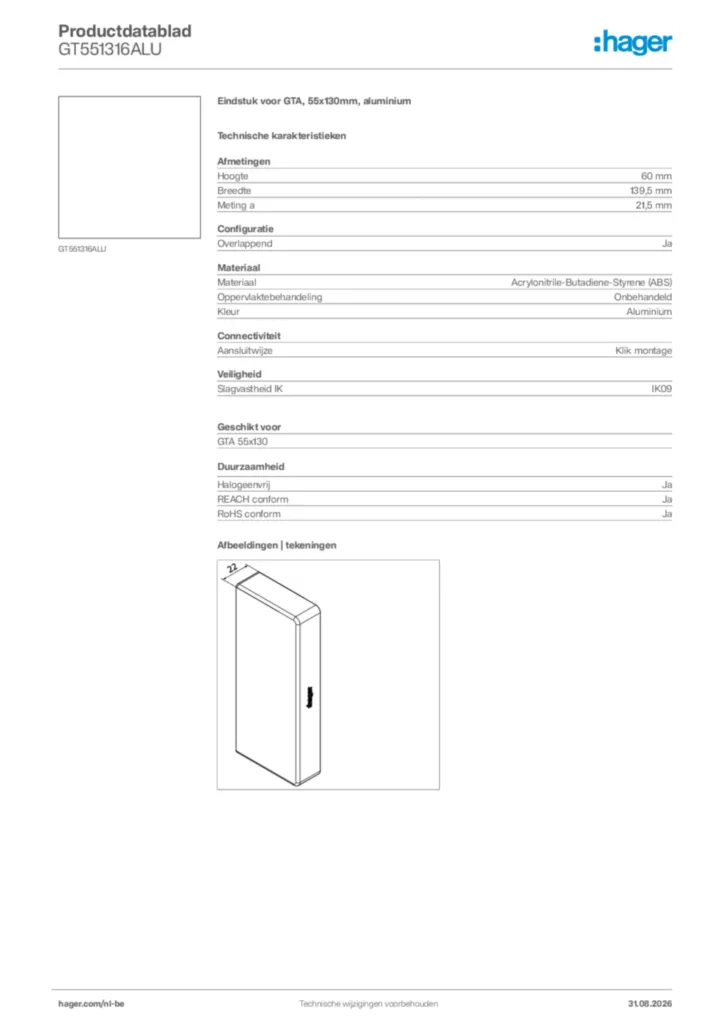 Afbeelding Hager Productdatablad GT551316ALU | Hager Belgium