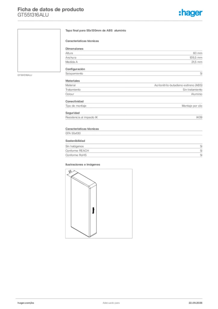 Imagen Hager Ficha de datos de producto GT551316ALU | Hager España