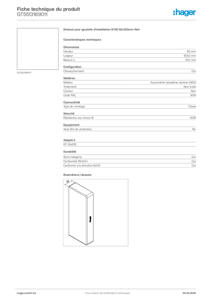 Image Hager Fiche technique du produit GT5513169011 | Hager Belgique