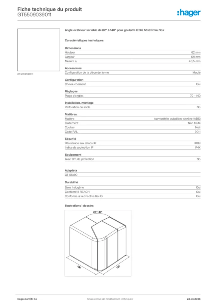 Image Hager Fiche technique du produit GT5509039011 | Hager Belgique