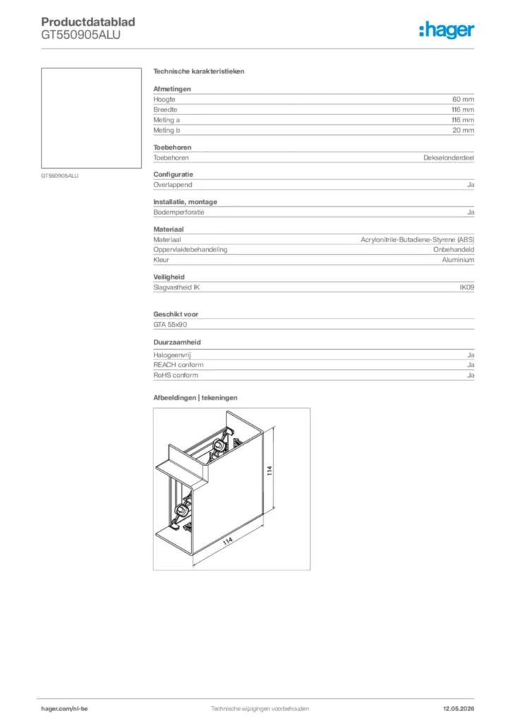 Afbeelding Hager Productdatablad GT550905ALU | Hager Belgium