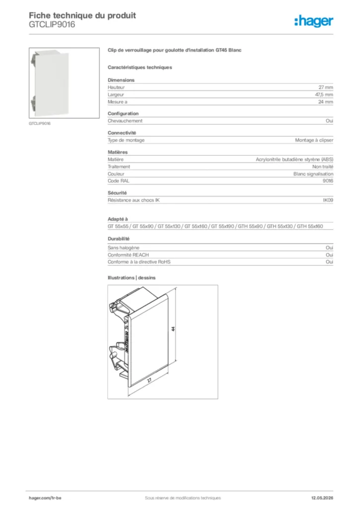 Image Hager Fiche technique du produit GTCLIP9016 | Hager Belgique