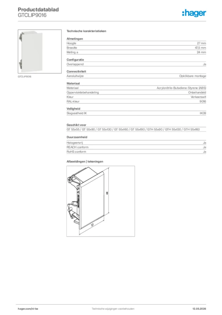 Afbeelding Hager Productdatablad GTCLIP9016 | Hager Belgium