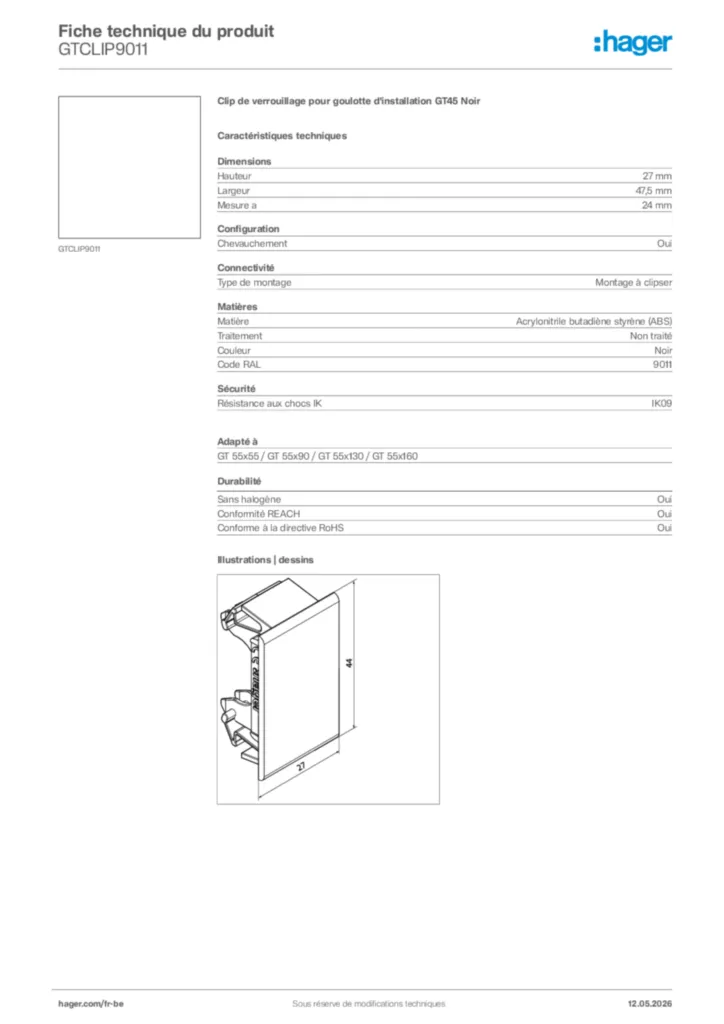 Image Hager Fiche technique du produit GTCLIP9011 | Hager Belgique
