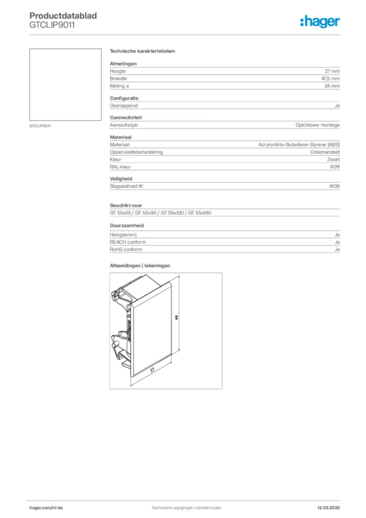 Afbeelding Hager Productdatablad GTCLIP9011 | Hager Belgium