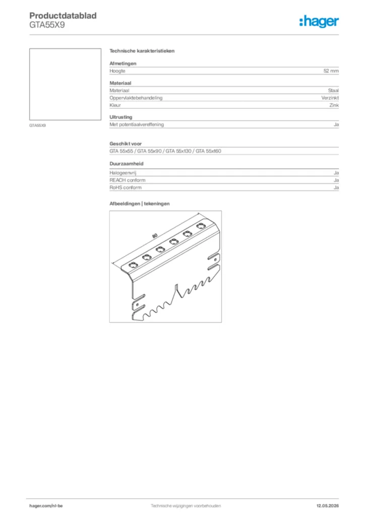 Afbeelding Hager Productdatablad GTA55X9 | Hager Belgium