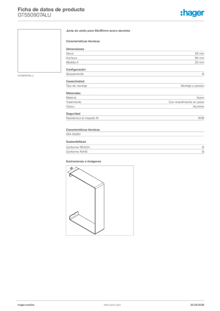 Imagen Hager Ficha de datos de producto GT550907ALU | Hager España