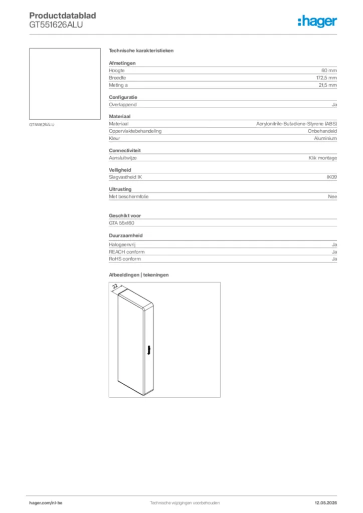 Afbeelding Hager Productdatablad GT551626ALU | Hager Belgium