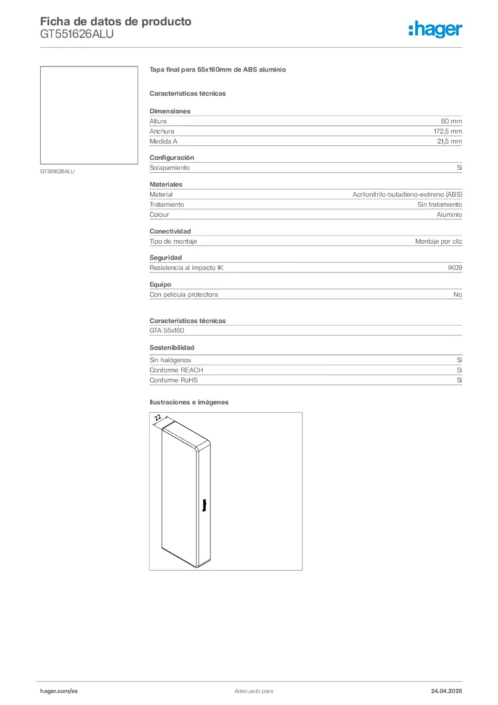 Imagen Hager Ficha de datos de producto GT551626ALU | Hager España