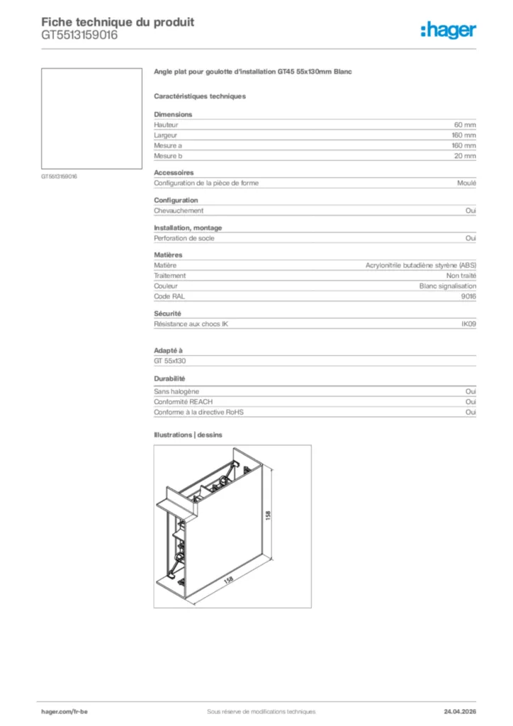 Image Hager Fiche technique du produit GT5513159016 | Hager Belgique