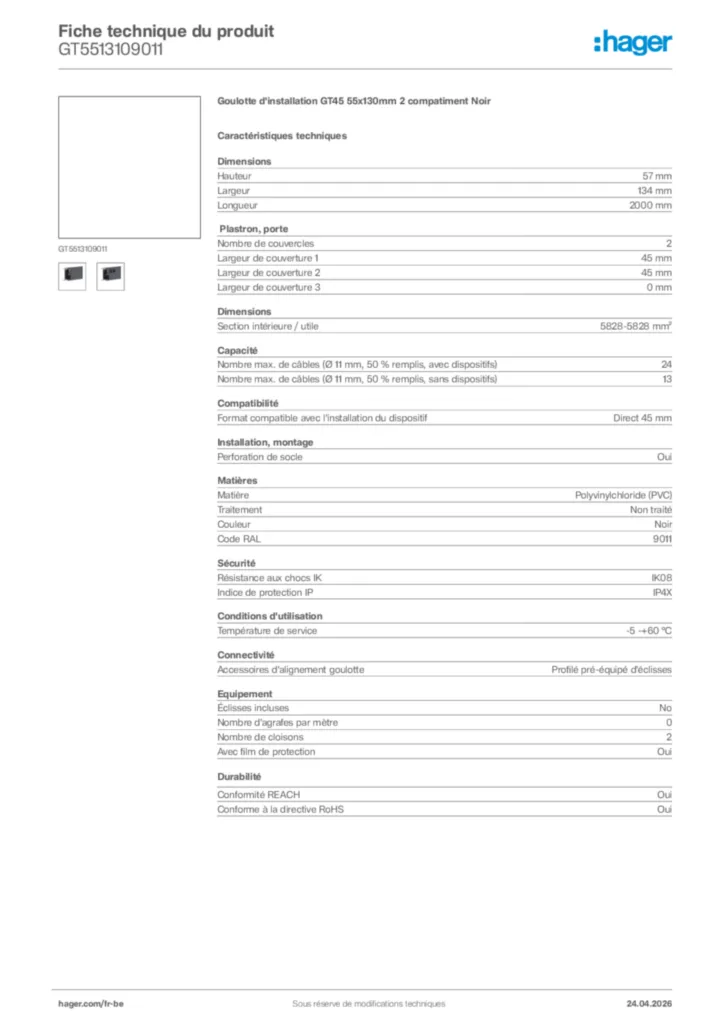 Image Hager Fiche technique du produit GT5513109011 | Hager Belgique