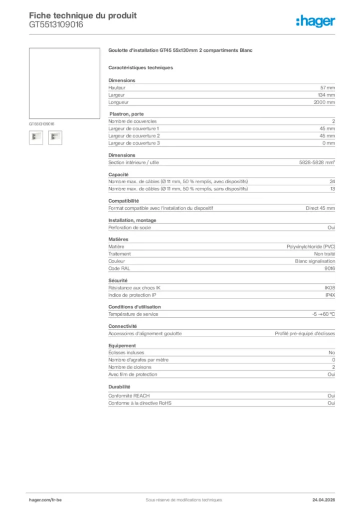 Image Hager Fiche technique du produit GT5513109016 | Hager Belgique