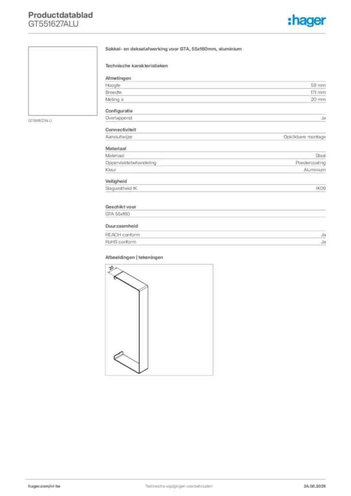 Afbeelding Hager Productdatablad GT551627ALU | Hager Belgium