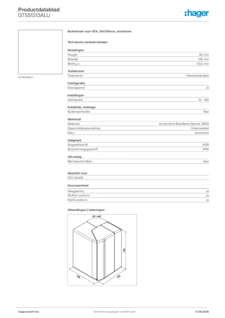 Afbeelding Hager Productdatablad GT551313ALU | Hager Belgium