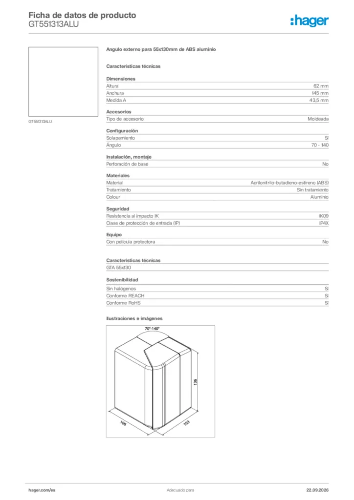 Imagen Hager Ficha de datos de producto GT551313ALU | Hager España