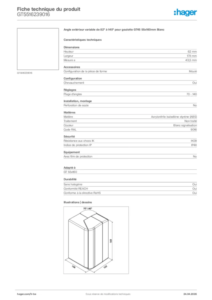 Image Hager Fiche technique du produit GT5516239016 | Hager Belgique