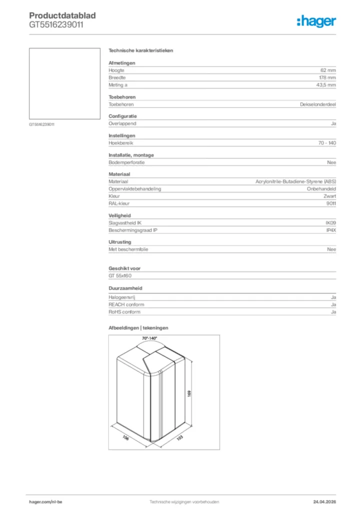 Afbeelding Hager Productdatablad GT5516239011 | Hager Belgium