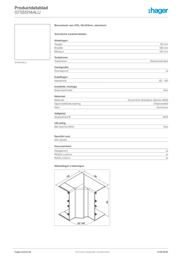 Afbeelding Hager Productdatablad GT551314ALU | Hager Belgium