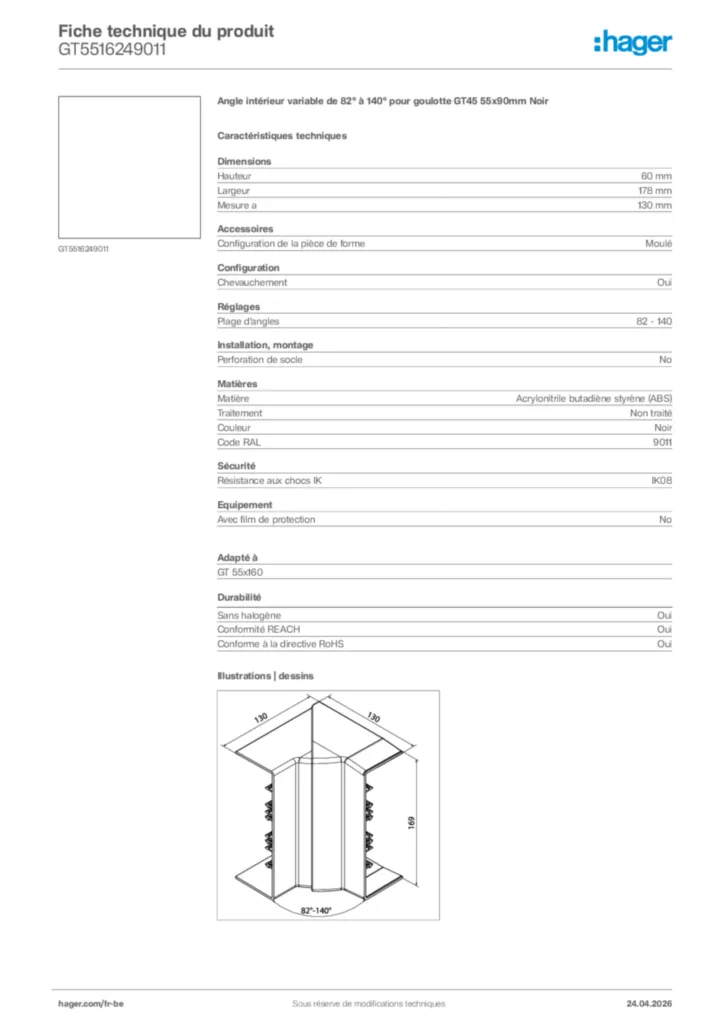 Image Hager Fiche technique du produit GT5516249011 | Hager Belgique