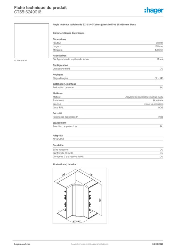 Image Hager Fiche technique du produit GT5516249016 | Hager Belgique