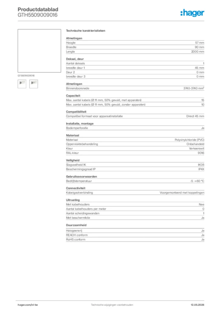 Afbeelding Hager Productdatablad GTH5509009016 | Hager Belgium