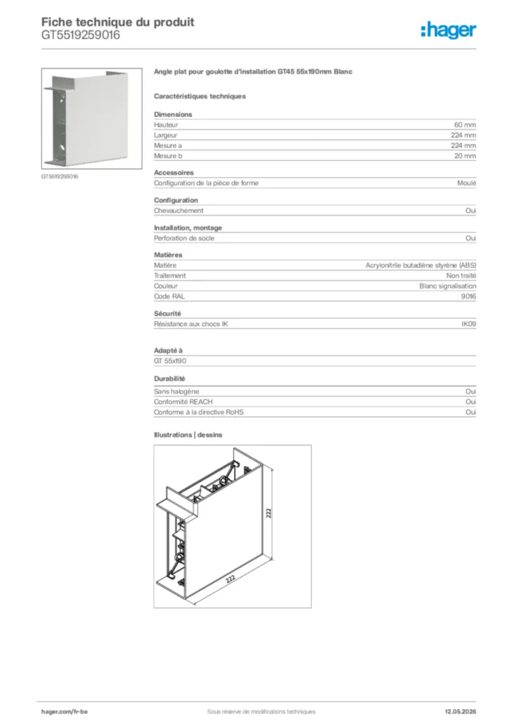 Image Hager Fiche technique du produit GT5519259016 | Hager Belgique
