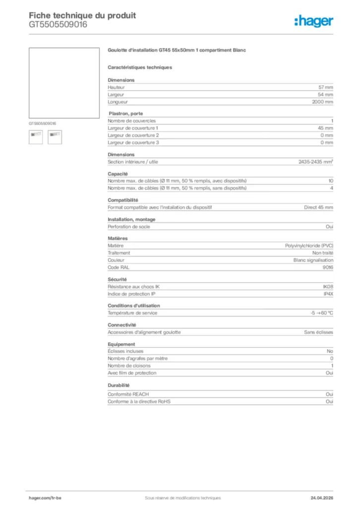 Image Hager Fiche technique du produit GT5505509016 | Hager Belgique