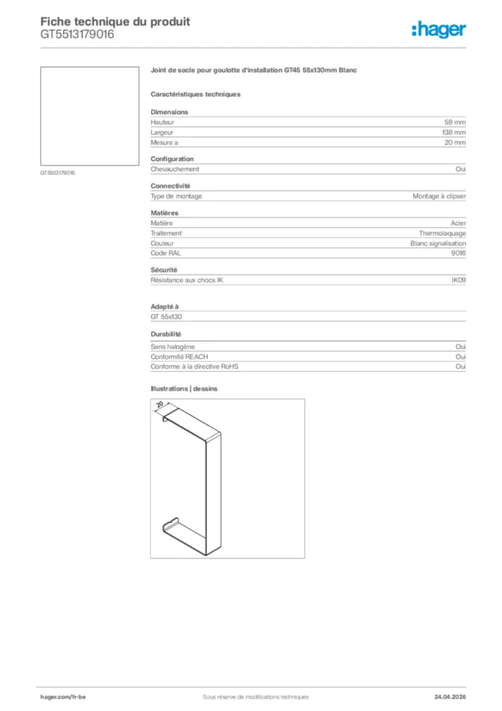 Image Hager Fiche technique du produit GT5513179016 | Hager Belgique