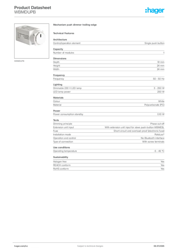 Image Hager Product data sheet WBMDUPB  | Hager New Zealand