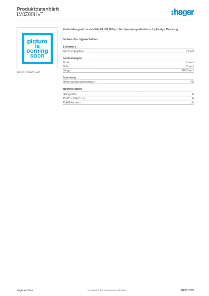 Bild Hager Produktdatenblatt LV8Z00HVT | Hager Deutschland