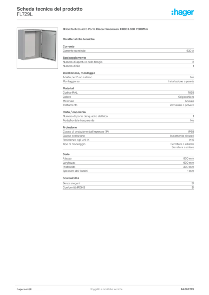Immagine Hager Scheda tecnica del prodotto FL729L | Hager Italia