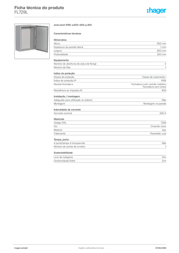 Imagem Hager Ficha técnica do produto FL729L | Hager Portugal