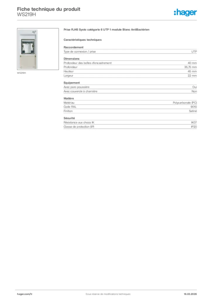 Image Hager Fiche technique du produit WS219H | Hager France