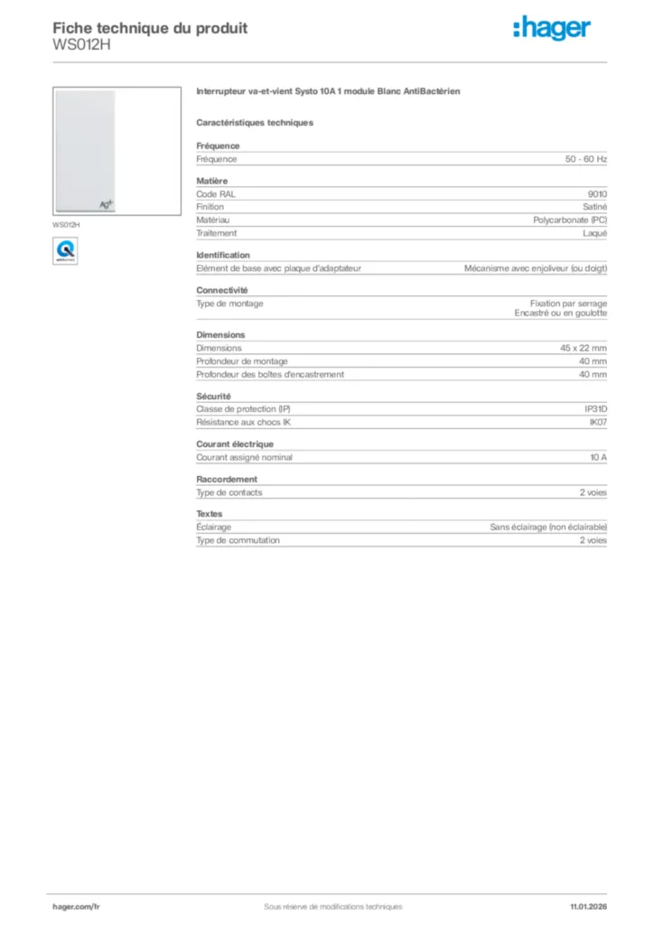 Image Hager Fiche technique du produit WS012H | Hager France