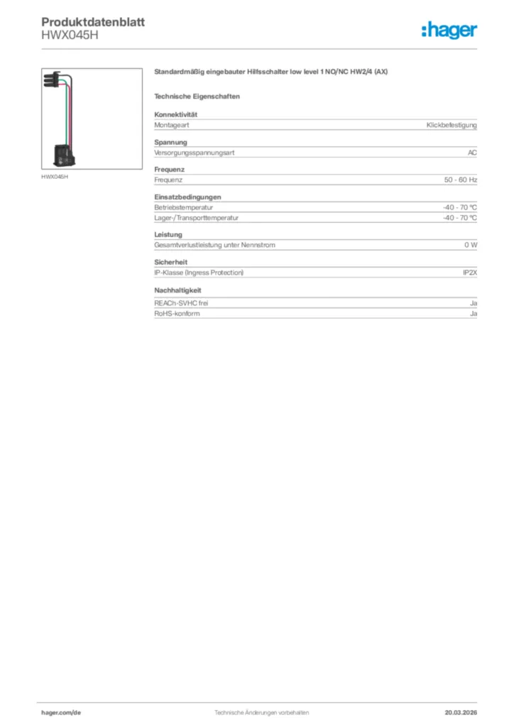 Bild Hager Produktdatenblatt HWX045H | Hager Deutschland
