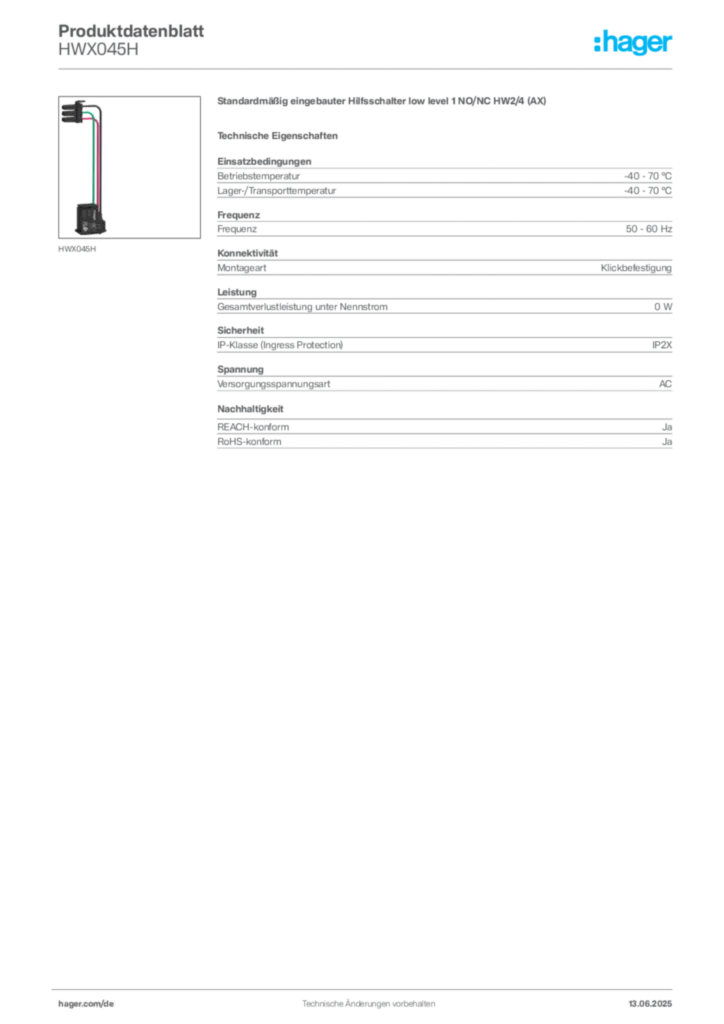 Bild Hager Produktdatenblatt HWX045H | Hager Deutschland