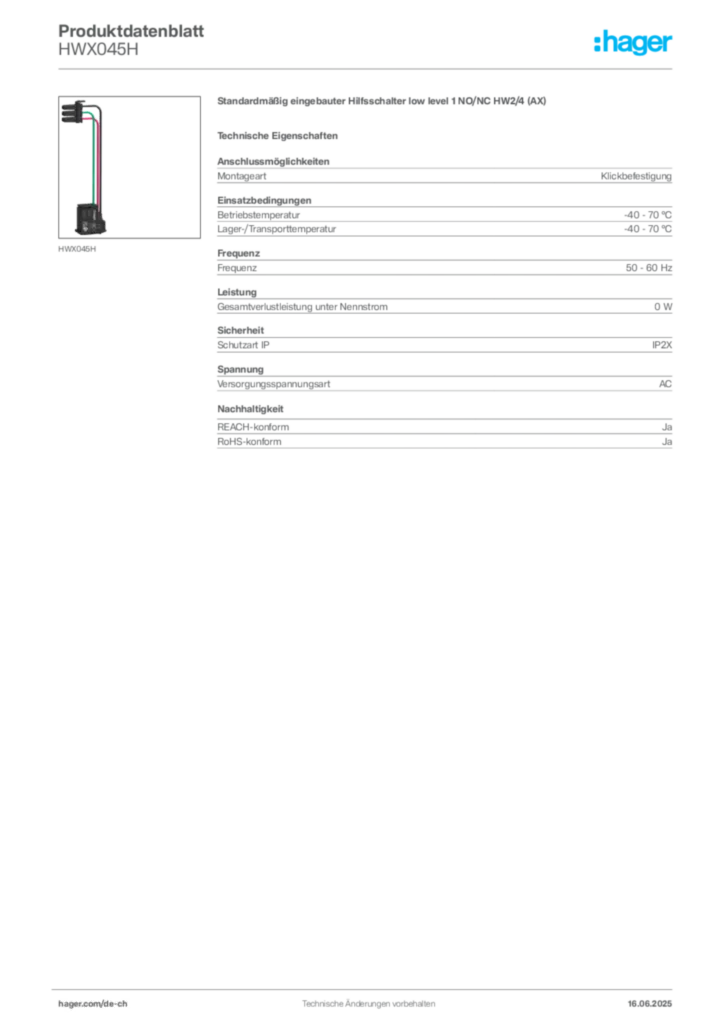 Bild Hager Produktdatenblatt HWX045H | Hager Schweiz
