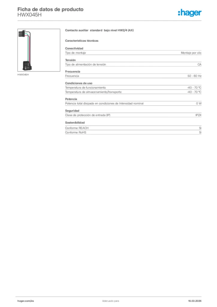 Imagen Hager Ficha de datos de producto HWX045H | Hager España