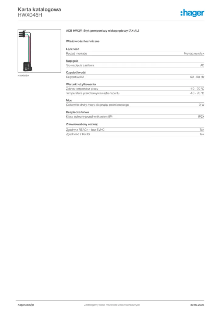Zdjęcie Hager Karta katalogowa HWX045H | Hager Polska