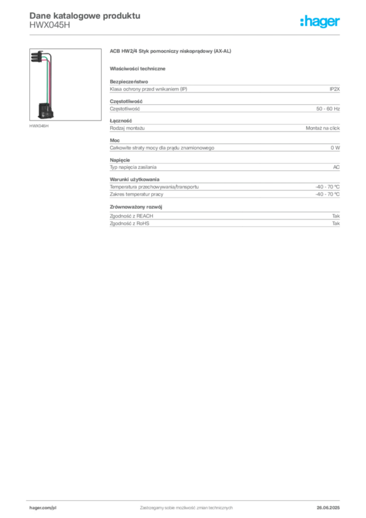 Zdjęcie Hager Dane katalogowe produktu HWX045H | Hager Polska