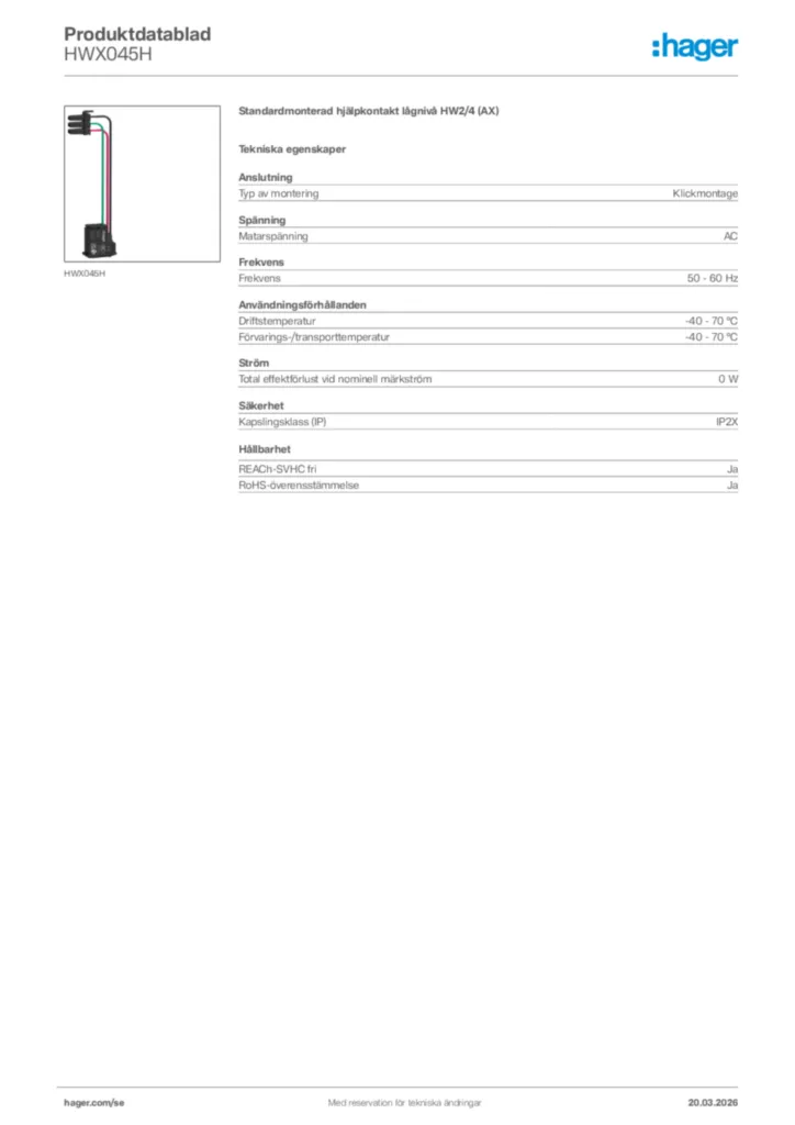 Bild Hager Produktdatablad HWX045H | Hager Sverige