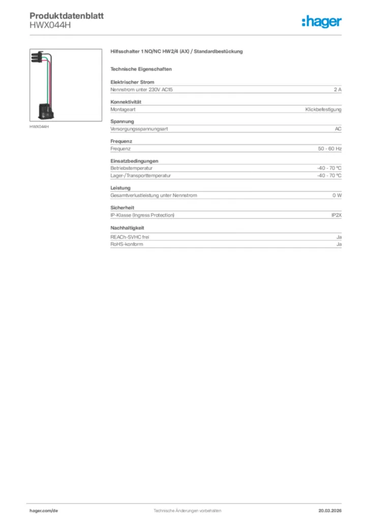 Bild Hager Produktdatenblatt HWX044H | Hager Deutschland